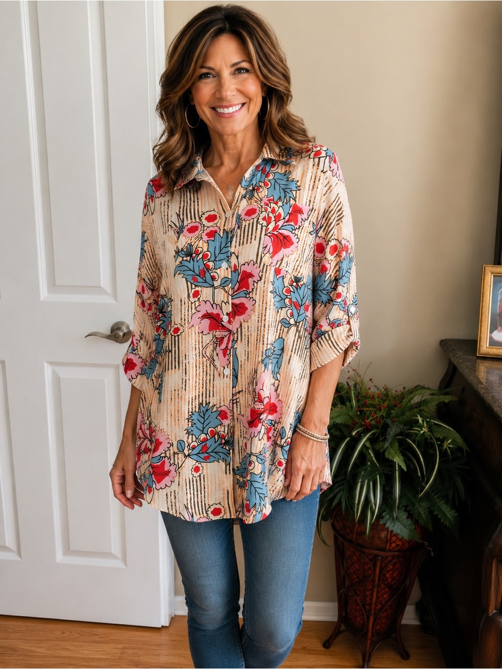 CUPSHE Floral Button-Front Blouse | Size Large